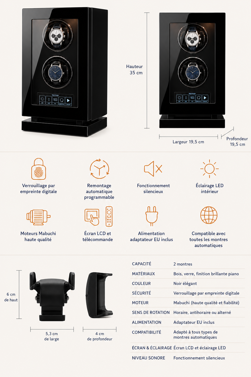 Remontoir 2 montres Ébène, biométrie et éclairage LED — vue 5