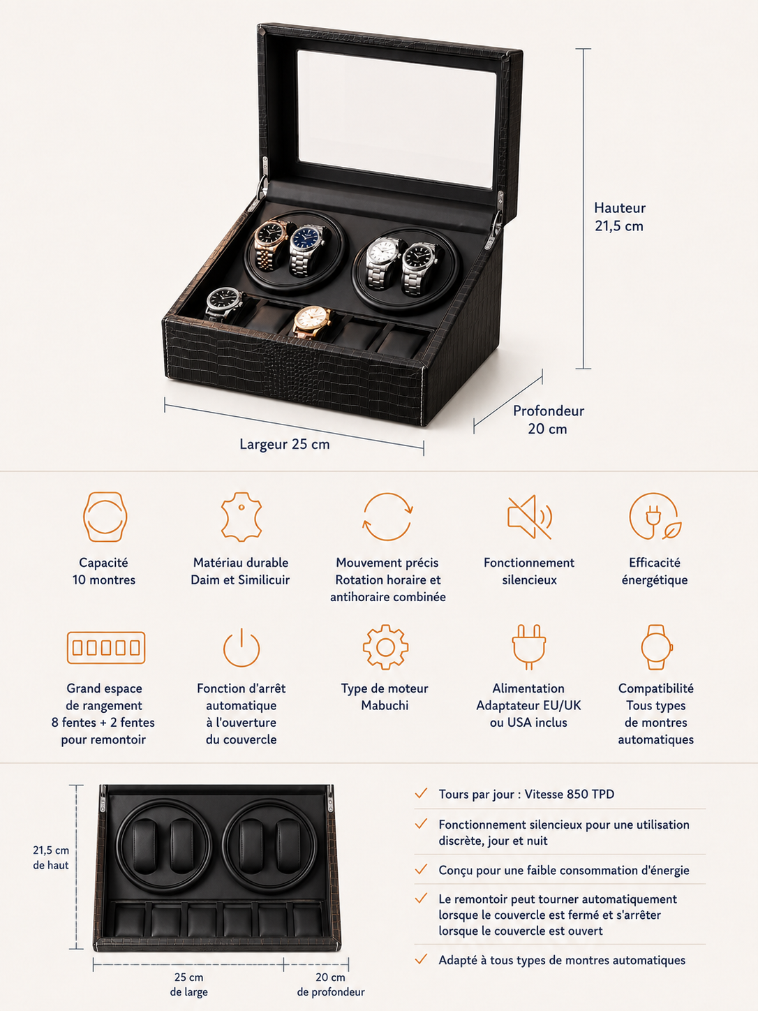 Remontoir 4 montres Cuir, coffret de rangement — vue 10