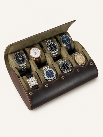 ISOCHRONIE · Étui de voyage · 8 montres · Cuir cognac