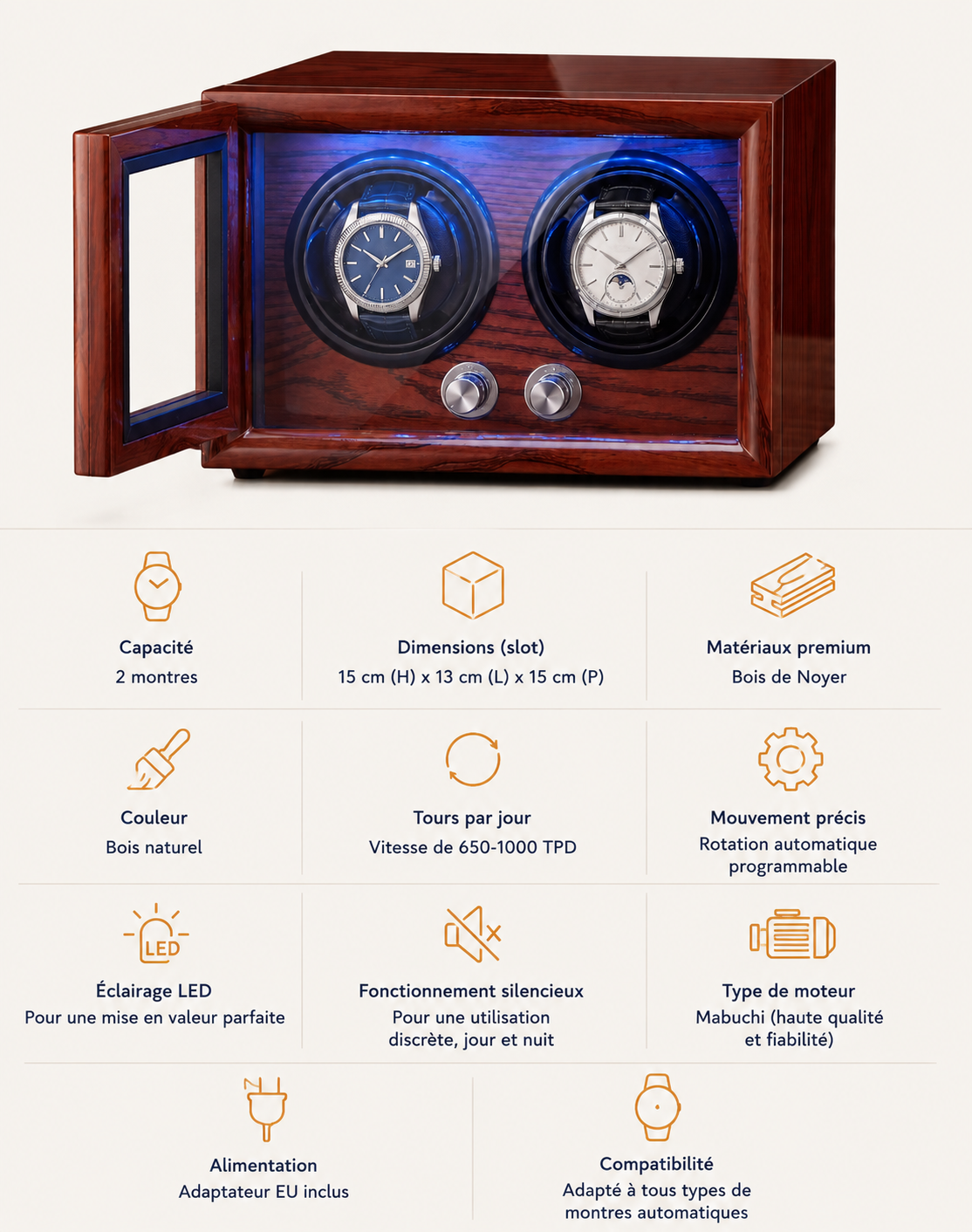 Remontoir 2 montres Chêne massif — vue 5