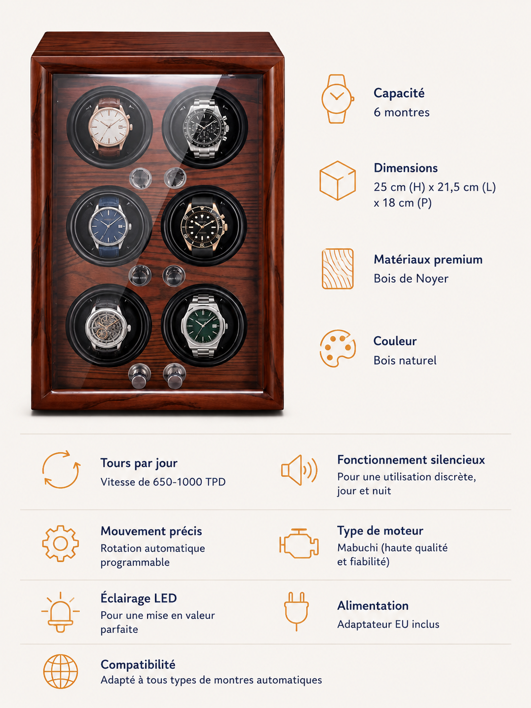 Remontoir 6 montres Chêne massif — vue 5