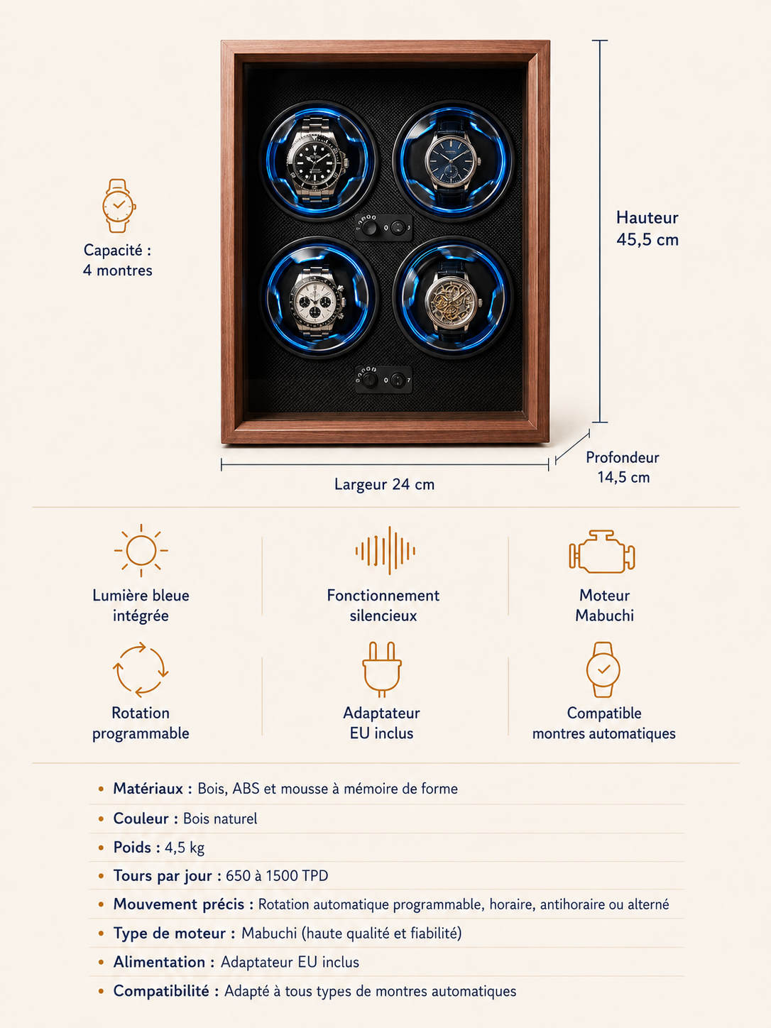 Remontoir 4 montres Bois, éclairage LED — vue 4