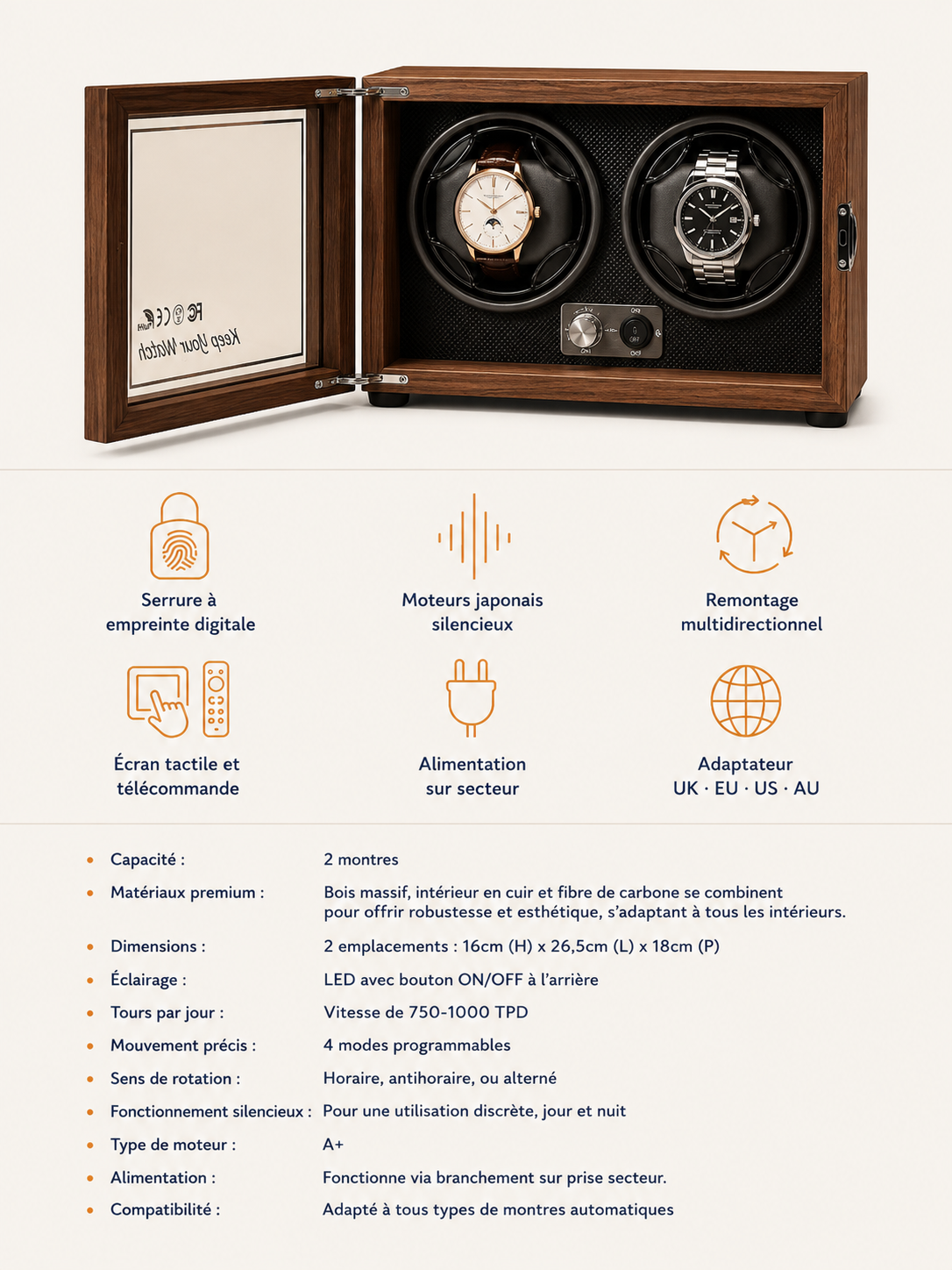 Remontoir 2 montres Bois, éclairage LED — vue 5